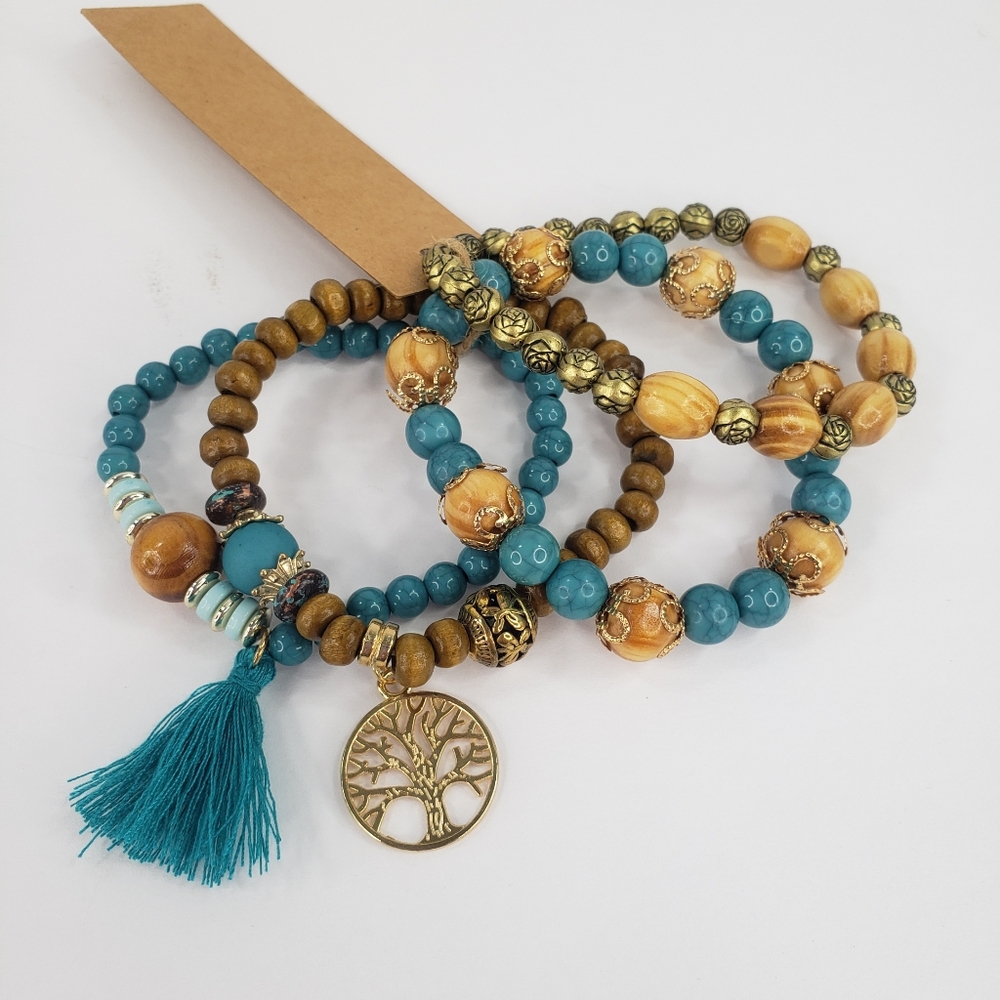 Boho 4 pc Bracelet Turquoise Bohemian Tree of Life Charm Sunshine Vibez - Picture 4 of 5